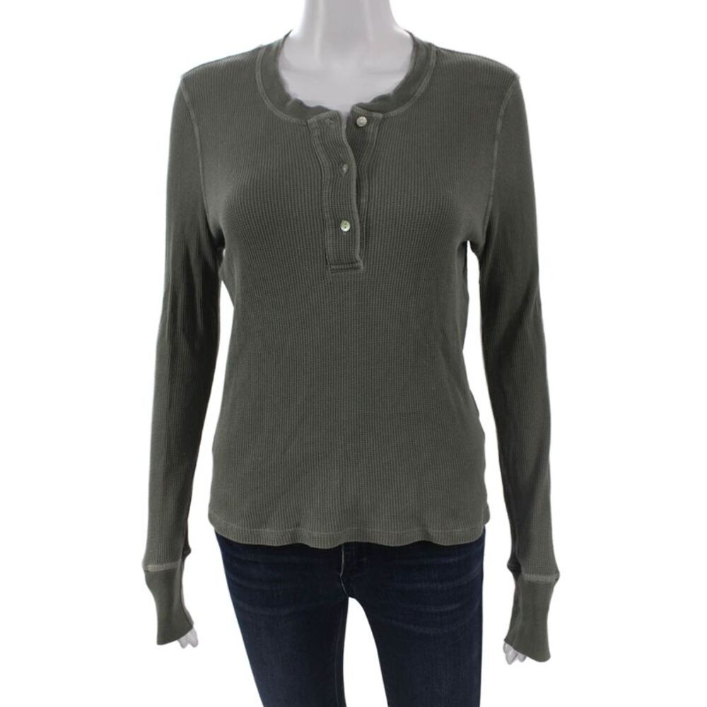 Amo Women Basic Henley T-Shirt Green Long Sleeve Size S